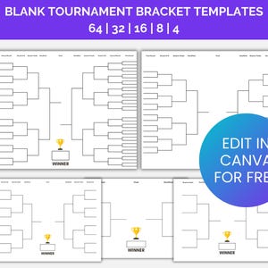 Tournament Bracket Template | Printable and editable Sports Bracket Set | 4, 8, 16, 32, 64 Teams Bundle | Single Elimination