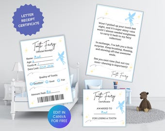 Tooth Fairy Letter | Tooth Fairy Receipt | Tooth Fairy Baby | Tooth Fairy Receipt, Letter and Certificate for boys | First Tooth receipt