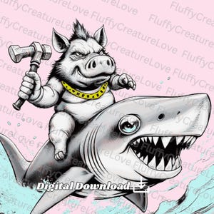 Funny Hog Riding Shark, Trendy PNG Graphic, Cartoon WallArt,  Transparent Digital Download - Sublimation DIY,  Funny Creatures Anime Artwork