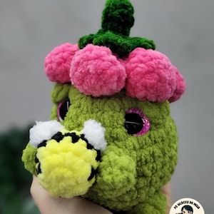 Crochet Plush Frog in Floral Hat with Bee - Handmade