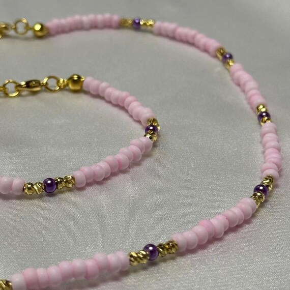 Handmade Beaded Hair Necklace in Yellow, Pink & Purple earrings and bracelet too Handmade Purple Beaded Necklace and Earrings Set: Elegant  main image 3
