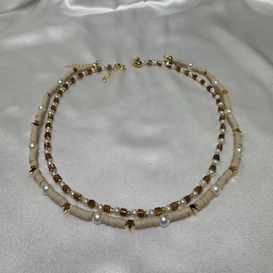 Neutral Layered Bead Necklace Set – Cream Flat Beads & Bronze Details