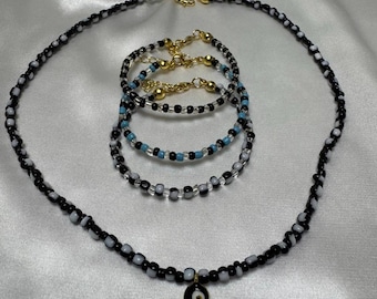 Handmade Evil Eye Jewelry Set – Black White Blue Beaded Necklace & 3 Bracelet Set