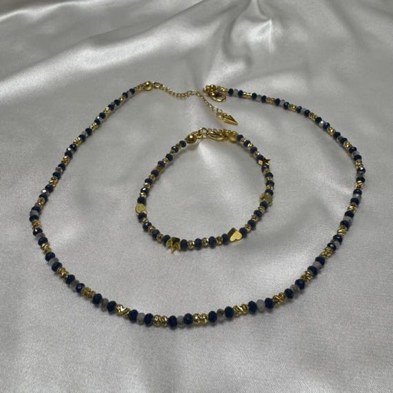 Set Gioielli Vintage Con Perle Finte – Collana, Orecchini E Bracciale – Colore Blu Navy - 2