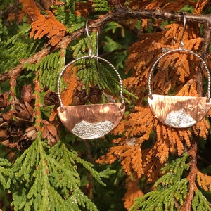 Mount Mansfield and Camels Hump copper and silver half moon earrings.