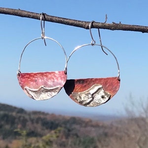 Mount Mansfield and Camels Hump copper and silver half moon earrings.