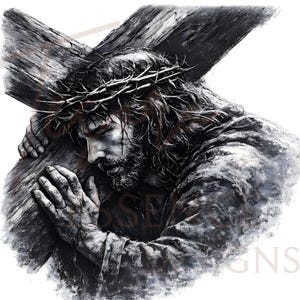 Könnte beinhalten: Graustufen-Illustration einer Figur mit Dornenkrone, die ein Holzkreuz trägt. Der Kopf der Figur ist gesenkt, die Hände umklammern das Kreuz. Das Bild hat einen strukturierten, künstlerischen Stil, wobei der Fokus auf dem Gesichtsausdruck und dem Kreuz liegt.
