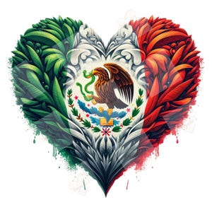 May include: A heart-shaped design featuring the Mexican flag. The flag is made up of green, white, and red sections with a stylized eagle and snake in the center. The heart is surrounded by green and red floral patterns.