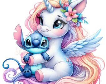PNG Cute Stitch Hug Unicorn, clipartafbeeldingen, digitaal ontwerp png-bestand voor sublimatie, hoge resolutie, instant digitale png-download, png