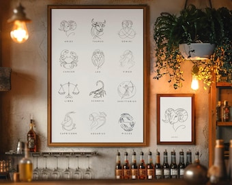 May include: A black and white illustration of the zodiac signs. The signs are arranged in a grid with each sign having its own square. The signs are drawn in a simple, minimalist style.