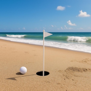 Hoyo de golf portátil para playa: vaso de arena impreso en 3D para practicar el putting en cualquier lugar. Accesorio de golf ligero y duradero.