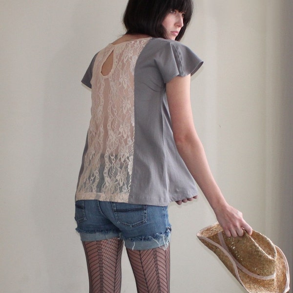 Grey Skies - loose cotton tunic, apricot lace back - small medium large