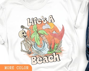 Camiseta con estampado de esqueleto de sirena: divertida playera con humor playero