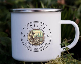 Taza de camping esmaltada con diseño de extraterrestre: vaso retro divertido para exteriores