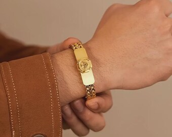 Vintage Men&#39;s Bracelet in 316L Titanium Stainless Steel with Magnetic Clasp Tree of Life - Gold Braided Chain with Circular Motif