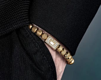 Luxury Men&#39;s Braided Bracelet with Square Beads and Adjustable Size