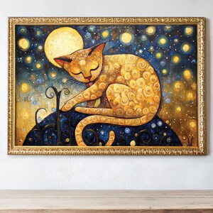 Whimsical Cat Art Digital, Golden Cat Under Moon, Dreamy Animal Artwork, Fantasy Cat Decor, Celestial Cat Painting, Cozy Cat Illustration
