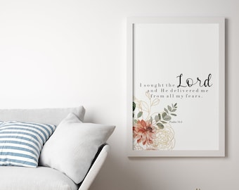 Psalm 34:4 Bible Verse Wall Art, Digital Download, Printable Art, Christian Encouragement, 11X14, 16X20