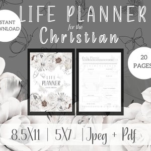 Op de afbeelding: Een printbare levensplanner voor christenen met een bloemenontwerp. De planner is verkrijgbaar in de formaten 8,5x11 en 5x7 inch en bevat 20 pagina's. De tekst "LIFE PLANNER for the Christian" staat op de omslag.