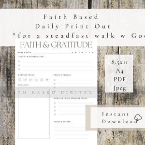 May include: A digital daily planner with sections for faith and gratitude. The planner includes areas for recording daily gratitude, weather, reminders, and prayers. The text "Instant Download" is also visible.