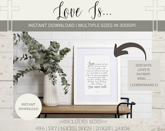 Love Is Patient & Kind | 1 Corinthians 13 Bible Verse | Printable Wall Art | Minimalist Digital Downloads | Bible Faith Based Wall Decor Art