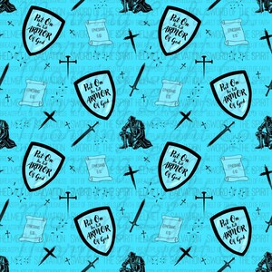 Patrón sin costuras de la Armadura de Dios / Diseño de tela cristiana azul (descarga digital PNG)