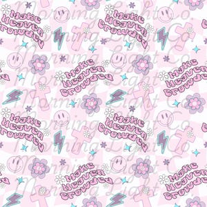 May include: A repeating pattern on a white background featuring the text "Make Heaven Crowded" in pink, along with smiley faces, crosses, flowers, lightning bolts, and stars in pastel colors.