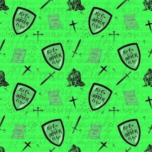 Puede incluir: Tela estampada verde con escudos negros con el texto "Put On the Full Armor of God", espadas, cruces y pergaminos con "Efesios 6:10". El diseño incluye una figura de caballero y texto relacionado con la fe.