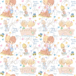 May include: A repeating pattern on a white background featuring illustrations of children in various scenes, including sitting on a tree stump and in a boat. The design includes the text Jesus Loves You, small blue hearts, pink hearts, and yellow stars.