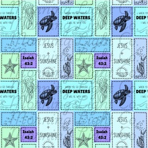 May include: A repeating pattern featuring marine life and inspirational text. The design includes sea turtles, jellyfish, starfish, and phrases like "Deep Waters" and "Jesus + Sunshine." The color palette is a mix of blues, greens, and purples.
