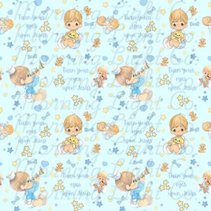 May include: A light blue fabric pattern featuring illustrations of children, teddy bears, stars, and bows. The text "Turn your eyes upon Jesus" is repeated throughout the design. The words "Morning Light Co." are also visible.