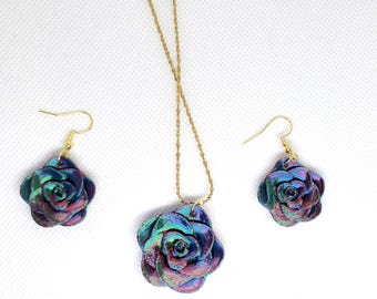 Rose Sculpted Pendant Earrings & Necklace Jewelry Set