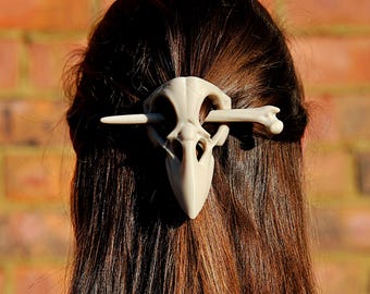 Crow Bird Skull Hair Piece with Bone Stick