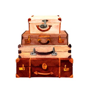 May include: Watercolor illustration of a stack of vintage suitcases in shades of brown and cream. The suitcases have metal clasps and handles, with corner protectors. The image has a classic, travel-themed aesthetic.