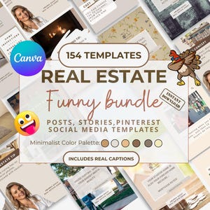 May include: A collage of images promoting a real estate social media template bundle. The bundle includes 154 templates for posts, stories, and Pinterest. The text "Funny Bundle" is featured in a large font. The colour palette is minimalist and includes real captions.