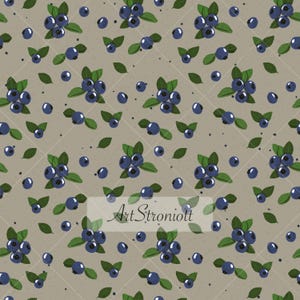 May include: A repeating pattern of blueberries and green leaves on a tan background. The blueberries are a deep blue color, and the leaves are a vibrant green. The pattern includes the text "Art Stroniotto".