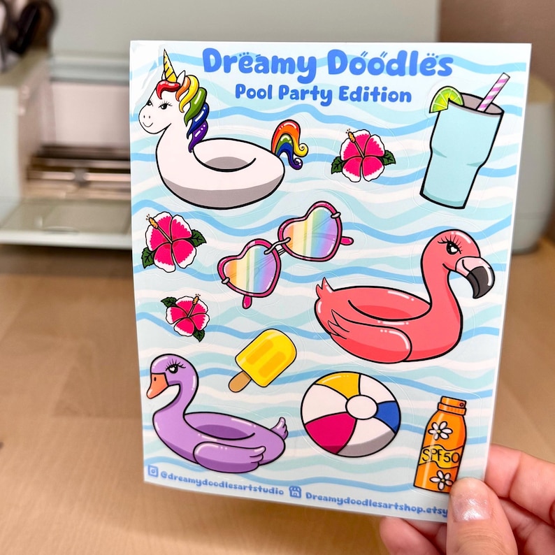 Cute Pool Party Themed Sticker Sheet - Handmade by Artist - Stickers ...