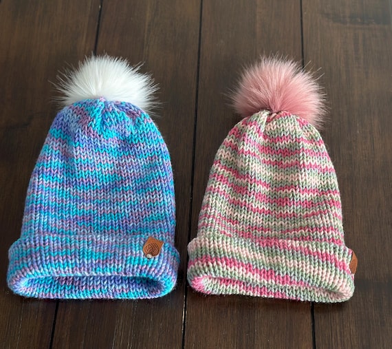 Hand-knitted Multicolor Acrylic Beanie With Pom Pom - Etsy display picture 1