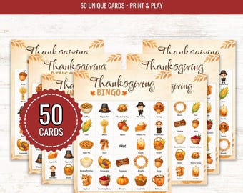 Thanksgiving Bingo Game: 50 Unique Cards, Family Activity (Instant Download)