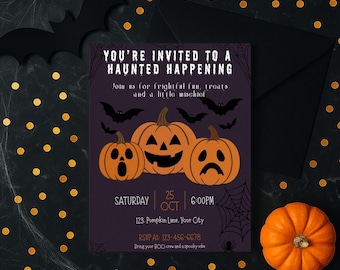 May include: A Halloween-themed invitation with orange jack-o'-lanterns, bats, and spiderwebs on a purple background. The invitation text reads "You're Invited to a Haunted Happening" with event details. An orange pumpkin sits to the right.