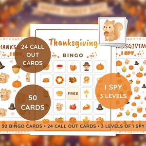 Könnte beinhalten: Thanksgiving Bingo-Spielset mit 50 Bingokarten, 24 Ausrufkarten und 3 Levels von "I Spy". Die Karten zeigen herbstliche Illustrationen von Kürbissen, Eichhörnchen und anderen herbstlichen Elementen. Der Text "Thanksgiving Bingo" ist prominent dargestellt.