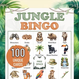 May include: A colorful Jungle Bingo game card with the title "JUNGLE BINGO" in green and orange. The card features illustrations of jungle animals and objects, including a sloth, snake, and binoculars. The card also includes the text "100 UNIQUE CARDS".