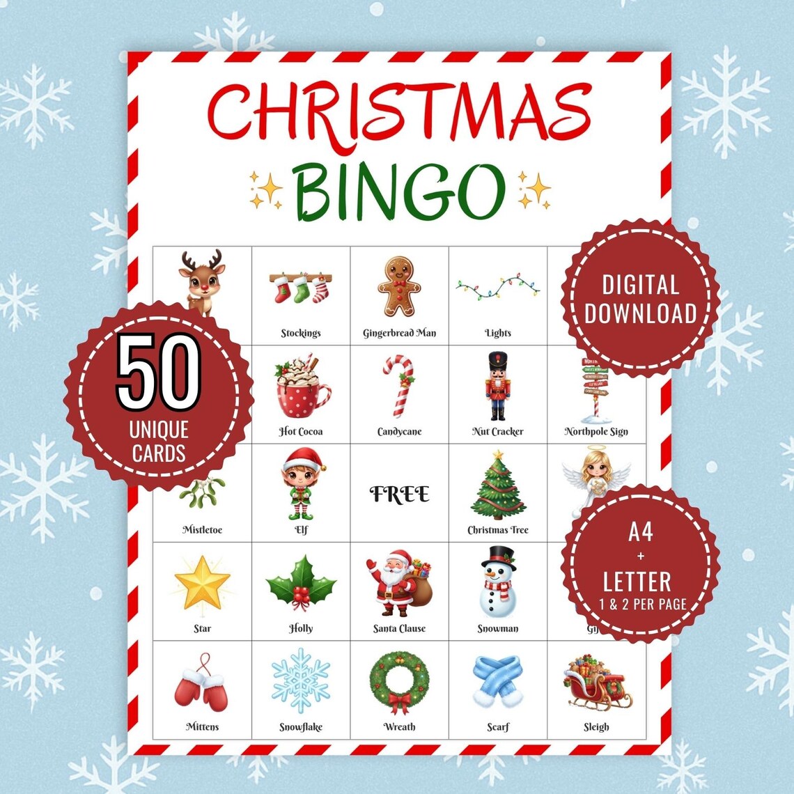 Christmas Bingo Game - 50 Cards Printable for Classroom Party & Family ...