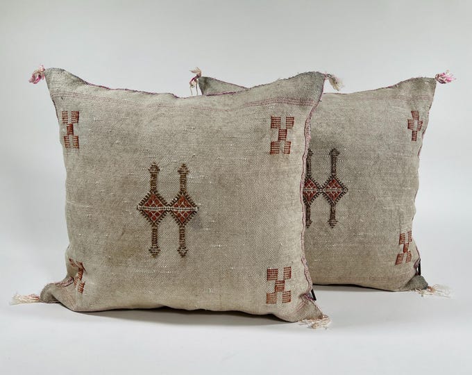 Featured listing image: Natural Beige Moroccan Cushion Cover with Rust Geometric Motif, Textured Silk Pillow Cover for Home Decor