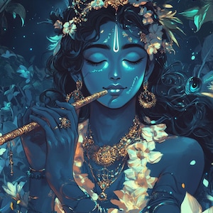 Divine Krishna Art – Majestic Hindu God Illustration | Celestial Blue Krishna Playing Flute