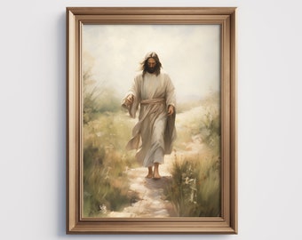 May include: A painting of Jesus Christ walking on a dirt path in a field. He is wearing a white robe and has long brown hair and a beard. The background is a soft, blurry landscape of green grass and trees.