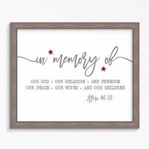 May include: A framed print with the text "in memory of" and a quote from Alma 46:12. The text is in gray with red stars.