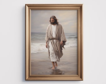 May include: A painting of a man in a white robe walking on a beach. The man has long brown hair and a beard. The beach is sandy and the water is blue. The sky is cloudy and the sun is setting.