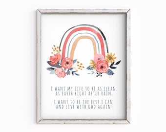 Baptism Gift-Clean As Rain-Primary Printable-LDS primary-Baptism-LDS Art-Digital File-Great to Be Eight-I Like to Look for Rainbows