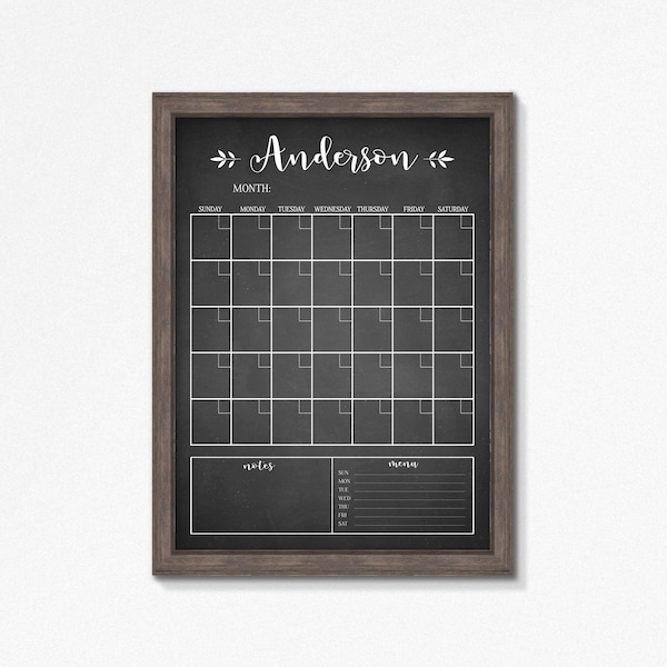 Chalkboard Calendar Printable-Chalkboard Dry Erase-Cutomizable Mulitple Sizes available-Digital File